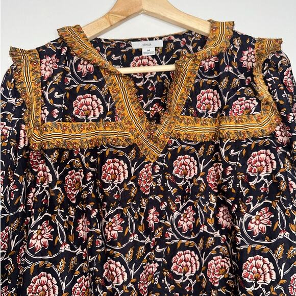 Anthropologie Othilia Sera Ruffled Blouse Black Floral Boho Fall Top Medium - Picture 3 of 8